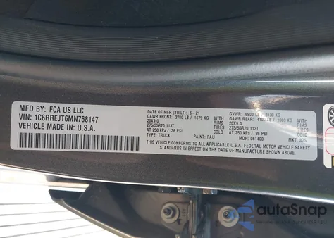 2021 Ram 1500 Laramie 4X2 5'7 Box из США, поврежденный, VIN 1C6RREJT6MN768147